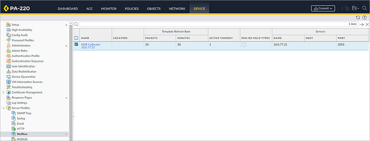 Screenshot of Palo Alto, NetFlow Profile 2